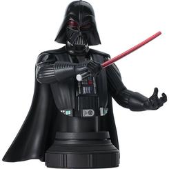 Oscuridad imponente con acabado de lujo. El Busto de Darth Vader —Star Wars Rebels— recrea al Sith en plena acción con el sable rojo desenvainado y la otra mano extendida para dominar la Fuerza