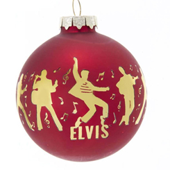 Bola de Navidad de Elvis. Este precioso adorno es una bola de cristal roja de Elvis. El complemento perfecto para tu colección o decoración navideña. La bola de cristal roja incluye siluetas doradas de Elvis