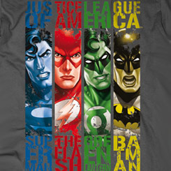 Camiseta con Superman, The Flash, Green Lantern y Batman, componentes de La Liga de la Justicia  de DC Comics.