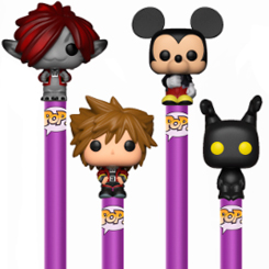 Precioso Set de 4 Bolígrafos Funko Pop de Mickey, Sora (Monster's Inc.), Sora y Shadow basado en el videojuego Kingdom Hearts 3, este precioso bolígrafo tiene una miniatura de tu personaje favorito en la parte superior de un tamaño aproximado de 2 cm.