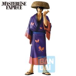 Elegancia peligrosa con calma calculada: Ichibansho Shinsuke Takasugi – Gintama Exhibition (Masterlise EXPIECE) se presenta en 19 cm con yukata púrpura de mariposas, kasa de paja y kiseru en la mano