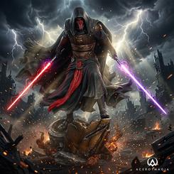 Una silueta negra se alza sobre los restos de la batalla y convierte la estatua Darth Revan Sideshow 1/5 en una escena cargada de tensión. Los sables de luz rojo y morado enmarcan una composición que transmite dominio, misterio 