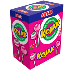 Caja de 100 unidades de Kojak de Sandía. Disfruta de los famosos Kojak Sandía, el caramelo más entrañable de la casa Fiesta, con un delicioso e inigualable sabor a sandía y además está relleno de chicle.