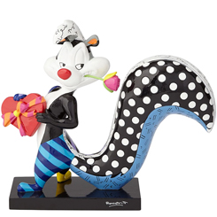 Figura de Pepe Le Pew con una rosa en la boca y sujetando un regalo en forma de corazón seguramente destinado a Penélope, la gata negra a la que corteja. Cada figura de Looney Tunes