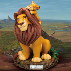 Preciosa estatua Master Craft de Mufasa y Simba, una representación fiel y detallada de la icónica conexión entre padre e hijo en la clásica película animada de Disney, *El Rey León*.