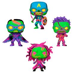 Un despliegue de color y originalidad convierte tu estantería en un escenario de caos cósmico con este pack exclusivo de cuatro figuras POP de 9 cm: Zombie Capitán América, Zombie Iron Man, Zombie Falcon y Zombie Scarlet Witch