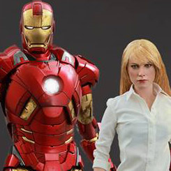 Detallado pack de figuras Movie Masterpiece Edición Limitada compuesto por Mark IX & Pepper Potts basadas en la película Iron Man 3.