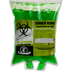 Los fans de los Zombies podrán tomarse una relajante ducha con este gel diseñado como una bolsa de transfusión de sangre de Zombi tipo Z y RH positivo, la bolsa contiene 380 mil.