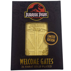 Réplica oficial dela entrada al parque de "Jurassic Park" basada en la saga de Jurassic Park. Limitado a 1.993 en todo el mundo, este lingote de metal con muchos detalles está chapado en oro de 24 k,