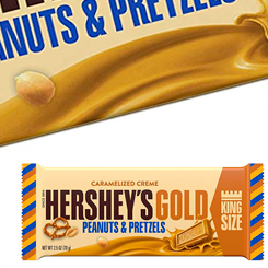 Hershey's Gold Bar with Peanuts & Pretzels (King Size)! El maravilloso sabor del chocolate más vendido de Estados Unidos, en su variedad de chocolate gold con una deliciosa crema dulce con crujientes de pretzel y cacahuetes salados.