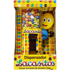 Dispensador de Lacasitos, disfruta horas y horas con los riquísimos Lacasitos, las deliciosas grageas de chocolate con leche recubiertas con azúcar coloreado con este divertido dispensador que tiene una altura aproximada de 23 cm.