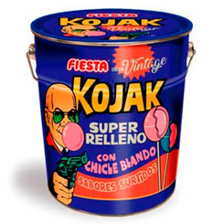 Preciosa lata de 150 Kojak Edición Vintage de sabores surtidos: cola, pintalenguas, sandía y helado. Disfruta de los famosos Kojak, el caramelo más entrañable de la casa Fiesta,