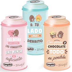 Preciosa lata de Mr Wondeful con deliciosos Conguitos (Cacahuete tostado con chocolate negro) en su interior (bolsita de 90 g).Tres modelos con tres mensajes diferentes para regalar o darte un capricho