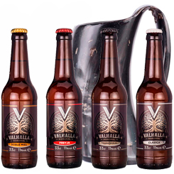 Pack de cuatro botellines diferentes de Hidromiel y una Jarra Cuerno para beber. El pack está compuesto por 1 Botellín de 33cl de Valhalla Clásica, 1 Botellín de 33cl de Valhalla Tradicional...