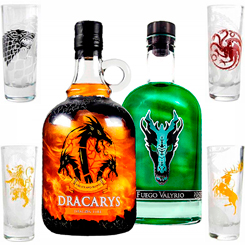 Pack compuesto por una botella de Fuego Valyrio, una botella de Dracarys Fire y cuatro vasos de chupito de las casas de la serie de la HBO Juego de Tronos, el pack perfecto para amantes de Juego de Tronos y los Dragones.