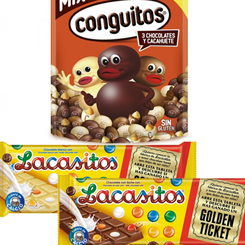 Pack Golden Ticket de LaCasa compuesto por una Tableta Chocolate GOLDEN TICKET, una Tableta Chocolate Blanco GOLDEN TICKET y una bolsa de Conguitos Mix. Las tabletas de 75 g.,