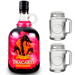 Pack compuesto por dos mini Mason Jar y una Botella de Licor Dracarys (Fire, Ice o Blood) basada en la serie de la HBO Juego de Tronos. Dracarys es un producto único. Este pack es perfecto para pasar una velada romántica. 