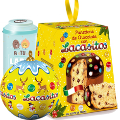 Delicioso Pack de Navidad de Lacasitos y Conguitos compuesto por un Panettone con trocitos de chocolate y cubierto de Chocolate con leche y Lacasitos de 100 gr., una lata de Mr Wondeful 