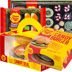 ¿Sushi o Burguer? No tienes que elegir con el combo Take Away podrás tener una Bandeja Candy Sushi Chupa Chups, una mini bandeja de Candy Sushi, un Combo de Hamburguesa Sweet Candy y una Hamburguesa Sweet Candy. 