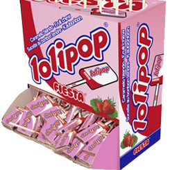 Caja de 100 unidades de las deliciosas Lolipop con sabor a Fresa de la casa Fiesta. Caramelo extrablando con palito y gran sabor a fresa. 