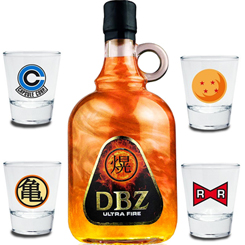 Pack compuesto por cuatro vasos de chupito y una Botella de Licor DBZ Ultrafire basada en Dragon Ball Z. Disfruta de un producto único. Muy adecuado para tomar sólo, con hielo o combinarlo a tu gusto.