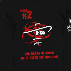 Camiseta de Apocalipsis Zombie “Segunda Regla: Una barra de acero no se queda sin munición“. Camiseta de alta calidad realizada en algodón 100%.