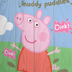 Tierno Póster realizado en madera de Peppa Pig, el Póster tiene un tamaño aproximado de 40 x 60 cm., decora tu espacio preferido con un toque retro con este lienzo realizado en madera de la serie infantil.