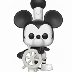 Figura para celebrar el 90 aniversario de Mickey Mouse como Steamboat Willie realizada en vinilo perteneciente a la línea Pop! de Funko. La figura tiene una altura aproximada de 9 cm.