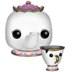 Figuras de Mrs. Potts y Chip realizadas en vinilo perteneciente a la línea Pop! de Funko. La figura Mrs. Potts una altura aproximada de 10 cm.,