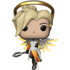 Figura de Mercy realizada en vinilo perteneciente a la línea Pop! de Funko. La figura tiene una altura aproximada de 10 cm., y está basada en el videojuego de tipo shooter en equipos en primera persona desarrollado por Blizzard Entertainment.