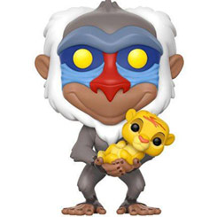 Figura del sabio Rafiki con Simba realizada en vinilo perteneciente a la línea Pop! de Funko. La figura tiene una altura aproximada de 10 cm., y está basado en la película de Disney El Rey León. 