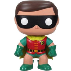 Figura de Robin realizada en vinilo perteneciente a la línea Pop! de Funko. La figura tiene una altura aproximada de 10 cm., y está basada en la serie de Televisión Batman de 1966.