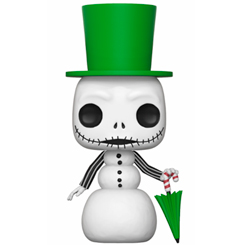 Figura de Jack Skellington como Snowman Jack realizada en vinilo perteneciente a la línea Pop! de Funko. La figura tiene una altura aproximada de 10 cm., y está basada en la película de Pesadilla antes de Navidad.