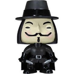 Figura de V de Vendetta realizada en vinilo perteneciente a la línea Pop! de Funko. La figura tiene una altura aproximada de 10 cm., y está basada en la película V de Vendetta