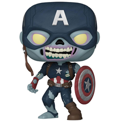 Figura de Zombie Capitán América realizada en vinilo perteneciente a la línea Pop! de Funko. La figura tiene una altura aproximada de 10 cm., y está basada en saga de Marvel What If...?. 