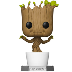 Figura de Super Sized  Dancing Groot realizada en vinilo perteneciente a la línea Pop! de Funko. La figura tiene una altura aproximada de 46 cm., y está basada en la película de Guardianes de la Galaxia de Marvel Comics.