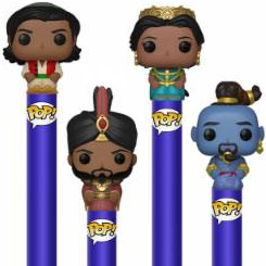 Precioso Set de 4 Bolígrafos Funko Pop de Jasmine, Aladdin, Genio y Jafar basado en la película Aladdin (Live), estos preciosos bolígrafos tienen una miniatura de tu personaje favorito en la parte superior de un tamaño aproximado de 2 cm.