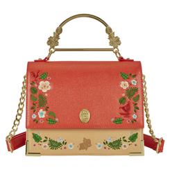 Brillo tropical con aire de leyenda oceánica. El Bolso bandolera Vaiana de Disney Loungefly luce un acabado coral con destellos y bordados florales que enmarcan detalles icónicos de la película