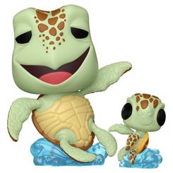 La Figura POP & Buddy Disney Pixar Finding Nemo Crush with Squirt presenta a Crush y Squirt en una composición de vinilo donde el tamaño de la tortuga adulta contrasta con la pequeña figura de Squirt.