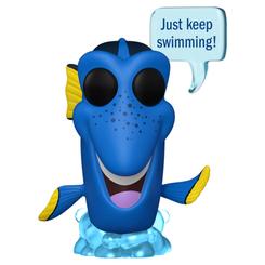 La Figura POP Disney Pixar Finding Nemo Dory Just Keep Swimming presenta a Dory sobre una base azul y acompañada por el bocadillo “Just keep swimming!”, un detalle que conecta de inmediato la figura con el personaje de Disney Pixar.