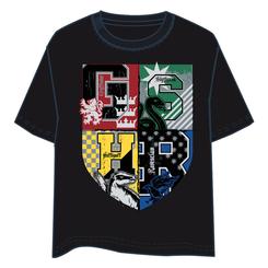 Hogwarts reunido en una sola prenda con un diseño que impone presencia: la camiseta Hogwarts de Harry Potter para adulto combina los colores y emblemas de las cuatro casas en un frontal tipo escudo