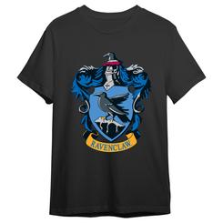 Ingenio, estilo y espíritu académico en una prenda que representa a Hogwarts con elegancia: la camiseta Ravenclaw de Harry Potter para adulto luce el escudo de la casa en tonos azules sobre fondo negro