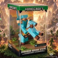 Diorama oficial de Minecraft con Steve equipado con armadura de diamante y montado a caballo. Fabricado en PVC, mide aproximadamente 17 x 10 x 10 cm e incluye base desmontable y cubierta de acrílico.