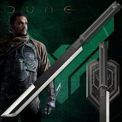 Réplica oficial 1/1 de la espada corta de Duncan Idaho de Dune: Parte Uno, con 62,87 cm de longitud. Hoja de acero inoxidable con revestimiento negro, soporte mural de madera y certificado de autenticidad.