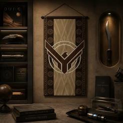 Estandarte oficial de la Casa Atreides de Dune con símbolo del halcón y diseño en tonos marrones, beige y crema. Fabricado en tejido resistente e incluye una barra de madera para colgarlo en la pared.