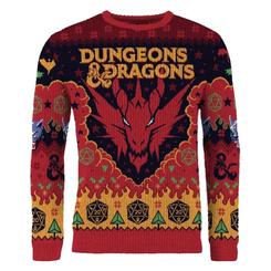 Un dragón rojo emerge entre llamas, dados y estrellas para convertir la sudadera navideña Dungeons & Dragons en una auténtica escena de campaña. Su diseño lleva la estética del juego de rol a una prenda festiva con suficiente fuerza visual 
