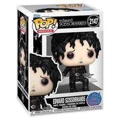 Figura de vinilo Funko POP de Edward Scissorhands en postura sentada, con traje negro, cabello desordenado y sus reconocibles manos de tijera.