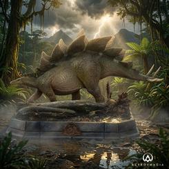 Entre troncos húmedos y tierra oscura avanza una silueta escapada de Isla Sorna. La estatua Icons Stegosaurus de El Mundo Perdido: Jurassic Park convierte la escena cinematográfica en una presencia sólida, reconocible y cargada de carácter prehistórico.