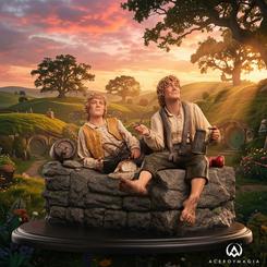 Entre piedras rotas, pipas encendidas y una calma inesperada, esta estatua Merry y Pippin El Señor de los Anillos convierte una pausa mínima en una escena llena de carácter. La pieza recrea a los dos hobbits sobre las ruinas de Isengard