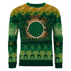 La puerta redonda de Bolsón Cerrado convierte esta sudadera navideña El Señor de los Anillos en una pequeña escena tejida de la Comarca. Su diseño no se limita a poner un logo sobre una prenda
